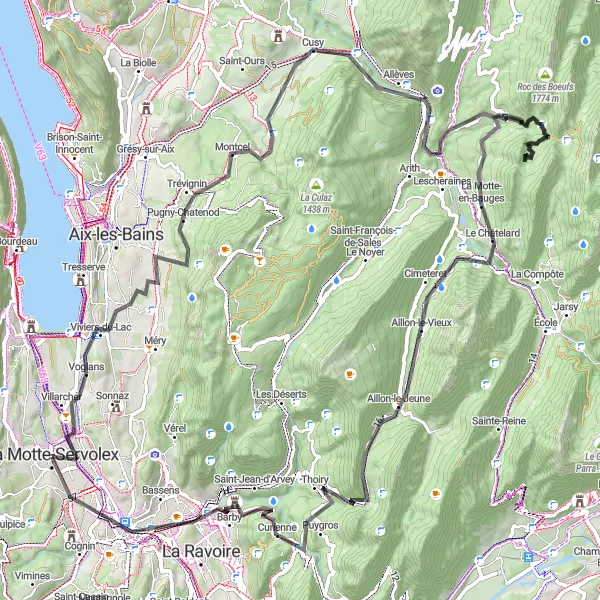 Map miniature of "La Motte-Servolex to Bellecombe-en-Bauges Loop" cycling inspiration in Rhône-Alpes, France. Generated by Tarmacs.app cycling route planner