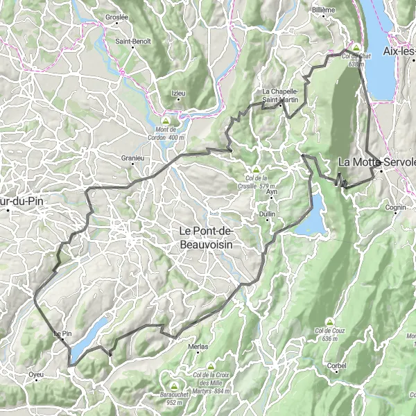 Karttaminiaatyyri "Kiehtova pyöräilyreitti Domaine Reinachista Mont Tournieriin" pyöräilyinspiraatiosta alueella Rhône-Alpes, France. Luotu Tarmacs.app pyöräilyreittisuunnittelijalla