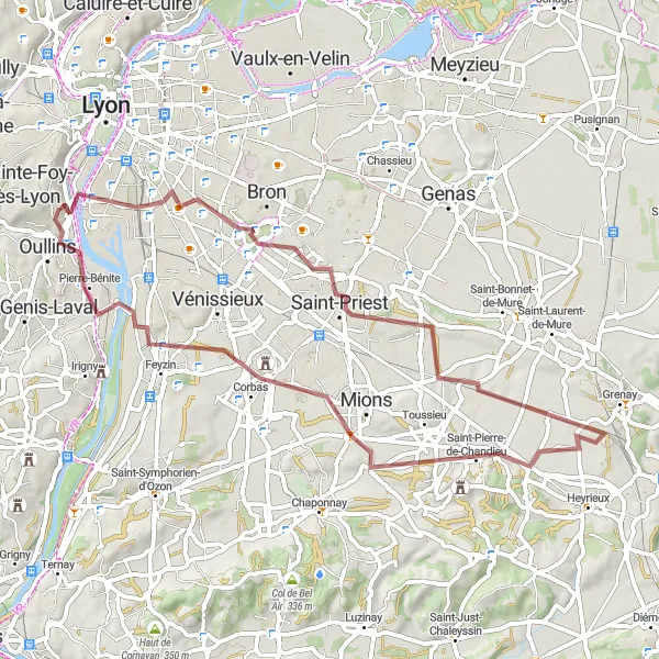 Map miniature of "Around La Mulatière: An Adventurous Gravel Ride" cycling inspiration in Rhône-Alpes, France. Generated by Tarmacs.app cycling route planner