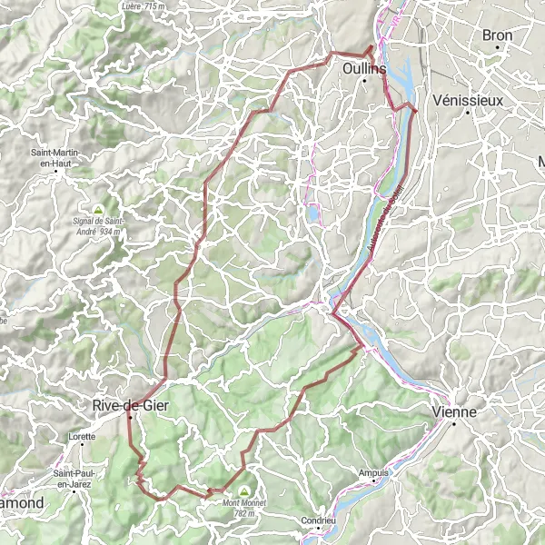 Map miniature of "Gravel Cycling Tour from La Mulatière to Chaponost" cycling inspiration in Rhône-Alpes, France. Generated by Tarmacs.app cycling route planner