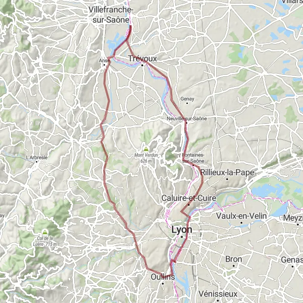 Miniatua del mapa de inspiración ciclista "Excursión Escénica a Chazay-d'Azergues" en Rhône-Alpes, France. Generado por Tarmacs.app planificador de rutas ciclistas