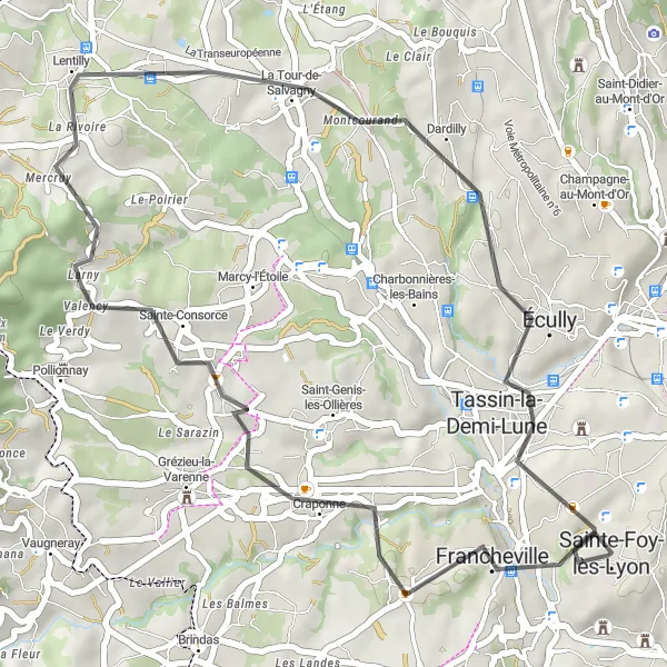 Miniaturekort af cykelinspirationen "Tur til Francheville og Lentilly" i Rhône-Alpes, France. Genereret af Tarmacs.app cykelruteplanlægger