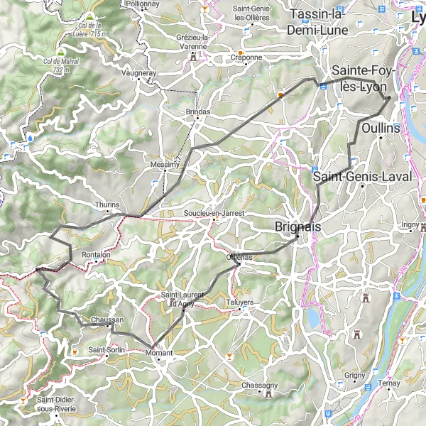 Miniaturekort af cykelinspirationen "Landsvejscykelrute til Oullins og retur" i Rhône-Alpes, France. Genereret af Tarmacs.app cykelruteplanlægger