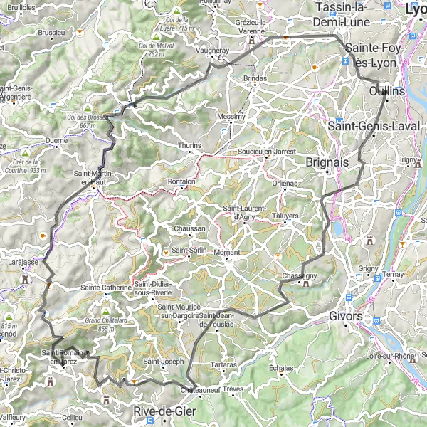 Miniaturní mapa "Okružní cesta na silnici kolem La Mulatière" inspirace pro cyklisty v oblasti Rhône-Alpes, France. Vytvořeno pomocí plánovače tras Tarmacs.app