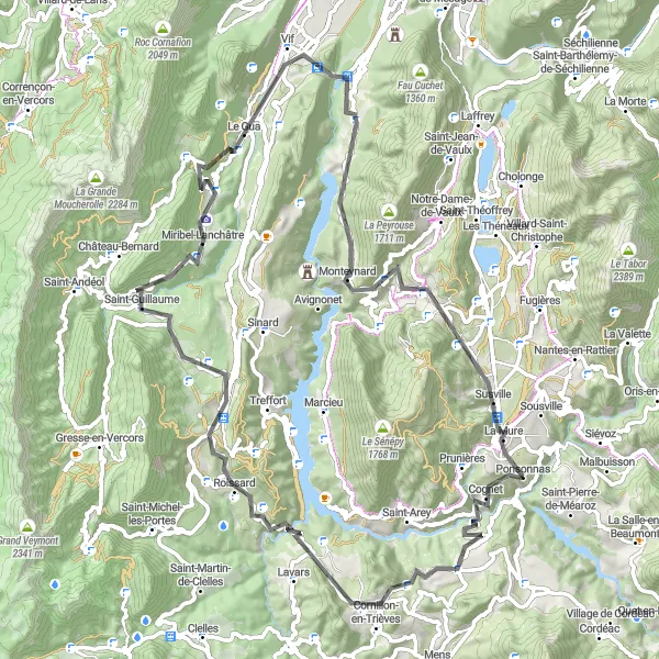 Kartminiatyr av "Asfalt sykkelrute med høy utfordring" sykkelinspirasjon i Rhône-Alpes, France. Generert av Tarmacs.app sykkelrutoplanlegger