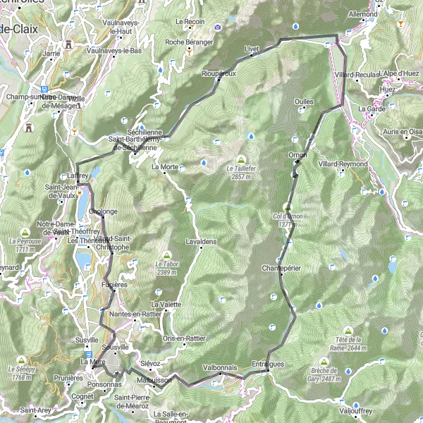 Map miniature of "Mure-Entraigues" cycling inspiration in Rhône-Alpes, France. Generated by Tarmacs.app cycling route planner