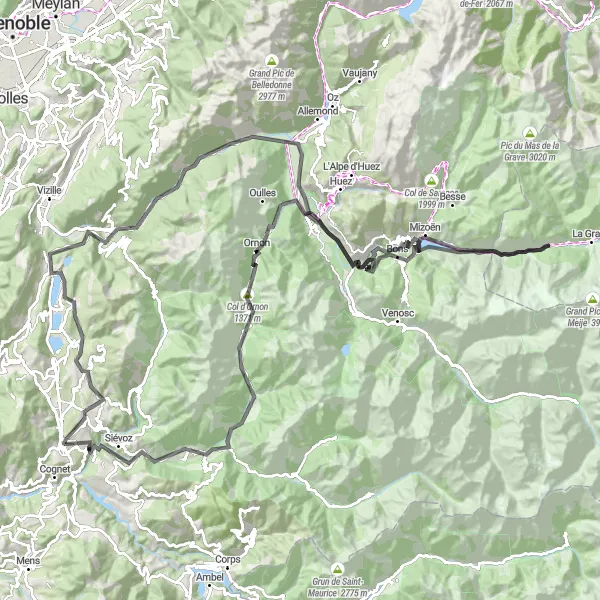 Kartminiatyr av "La Mure til Entraigues Road Cycling Route" sykkelinspirasjon i Rhône-Alpes, France. Generert av Tarmacs.app sykkelrutoplanlegger