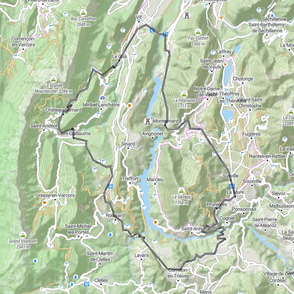 Map miniature of "Mountainous Road Cycling Expedition" cycling inspiration in Rhône-Alpes, France. Generated by Tarmacs.app cycling route planner