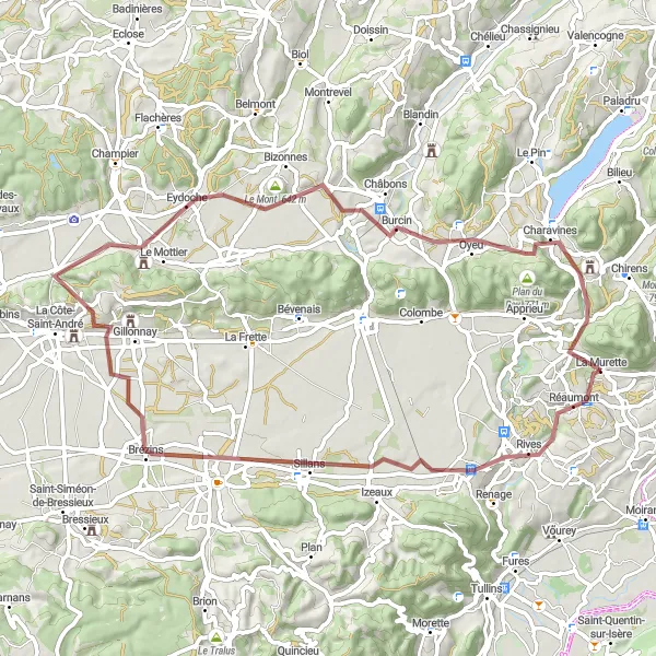Karttaminiaatyyri "Upea gravel-reitti maaseudulla" pyöräilyinspiraatiosta alueella Rhône-Alpes, France. Luotu Tarmacs.app pyöräilyreittisuunnittelijalla