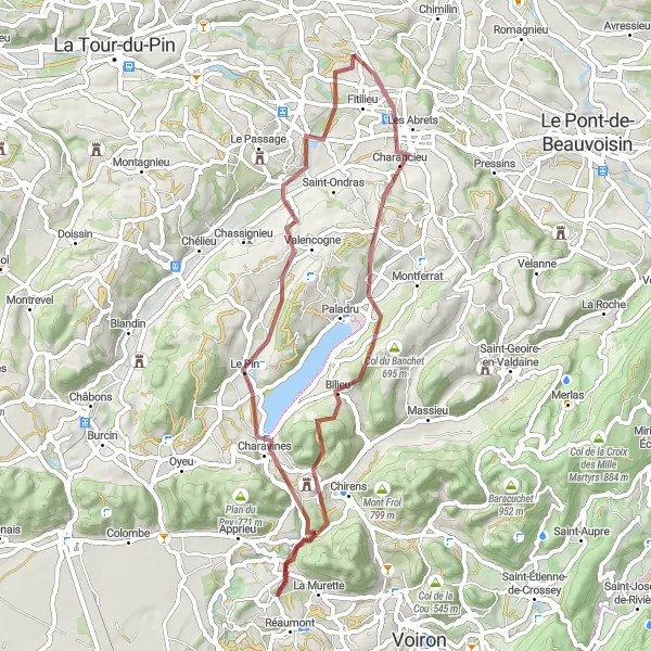 Zemljevid v pomanjšavi "Razburljiva tura iz La Muretteja do Saint-Blaise-du-Buis" kolesarske inspiracije v Rhône-Alpes, France. Generirano z načrtovalcem kolesarskih poti Tarmacs.app
