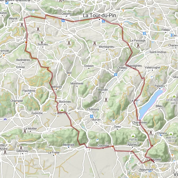 Miniatuurkaart van de fietsinspiratie "Avontuurlijke Gravelroute door de Natuur" in Rhône-Alpes, France. Gemaakt door de Tarmacs.app fietsrouteplanner
