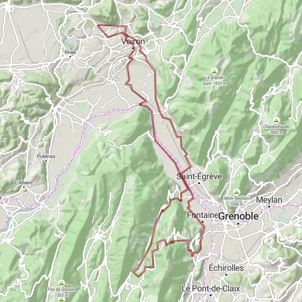 Miniatua del mapa de inspiración ciclista "Ruta de ciclismo de grava a Fontanil-Cornillon" en Rhône-Alpes, France. Generado por Tarmacs.app planificador de rutas ciclistas