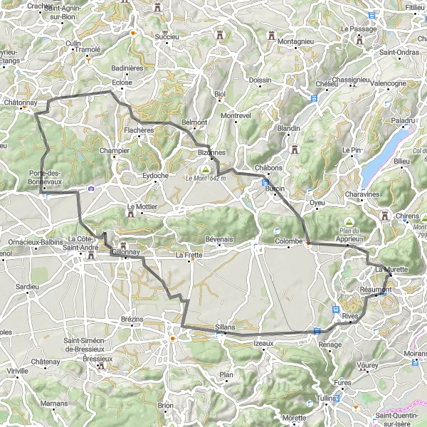Zemljevid v pomanjšavi "La Murette - Col de Rossatière Loop" kolesarske inspiracije v Rhône-Alpes, France. Generirano z načrtovalcem kolesarskih poti Tarmacs.app