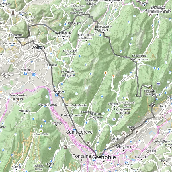 Karttaminiaatyyri "Maantiepyöräilyreitti upeissa maisemissa" pyöräilyinspiraatiosta alueella Rhône-Alpes, France. Luotu Tarmacs.app pyöräilyreittisuunnittelijalla