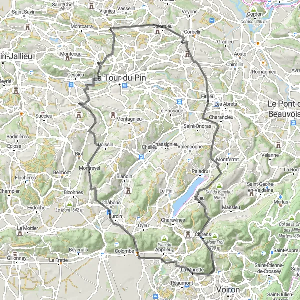 Kartminiatyr av "Historie og naturopplevelser på sykkelrunden nær La Murette" sykkelinspirasjon i Rhône-Alpes, France. Generert av Tarmacs.app sykkelrutoplanlegger
