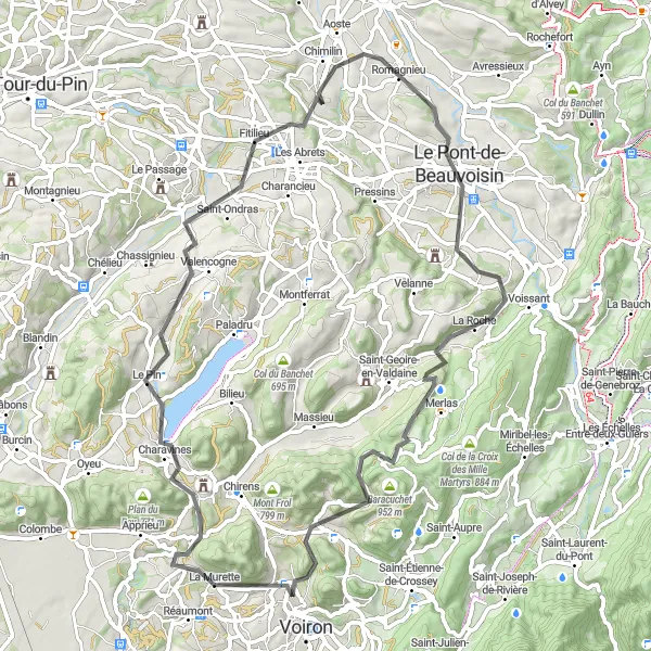 Miniatua del mapa de inspiración ciclista "Ruta Escénica por Charavines" en Rhône-Alpes, France. Generado por Tarmacs.app planificador de rutas ciclistas