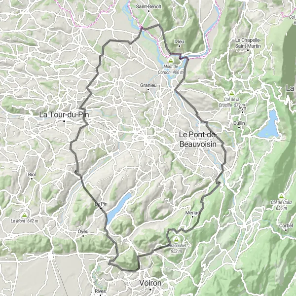 Kartminiatyr av "Landsvägscykeltur nära La Murette" cykelinspiration i Rhône-Alpes, France. Genererad av Tarmacs.app cykelruttplanerare