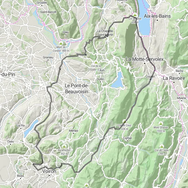 Karttaminiaatyyri "Bilieu - Col du Banchet - Les Abrets - Saint-Genix-les-Villages - Mont Tournier - Panorama - Bourdeau - Cognin - Point info - Col de Couz - Les Échelles - Tour Barral - Voiron Retkireitti" pyöräilyinspiraatiosta alueella Rhône-Alpes, France. Luotu Tarmacs.app pyöräilyreittisuunnittelijalla