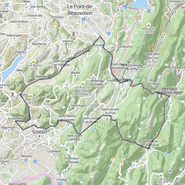 Miniatura mapy "Niezwykła trasa przez Saint-Bueil i Saint-Pierre-de-Chartreuse" - trasy rowerowej w Rhône-Alpes, France. Wygenerowane przez planer tras rowerowych Tarmacs.app