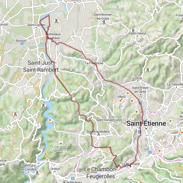 Miniature de la carte de l'inspiration cycliste "Parcours gravel vers Roche-la-Molière" dans la Rhône-Alpes, France. Générée par le planificateur d'itinéraire cycliste Tarmacs.app