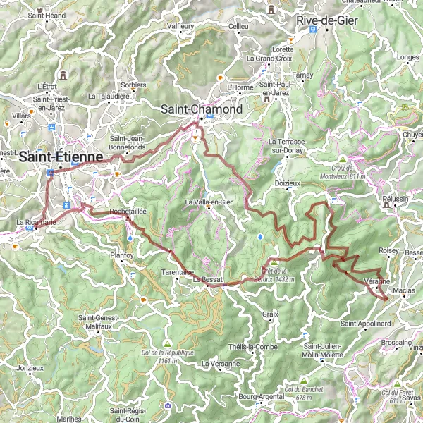 Map miniature of "The Saint-Étienne Gravel Adventure" cycling inspiration in Rhône-Alpes, France. Generated by Tarmacs.app cycling route planner
