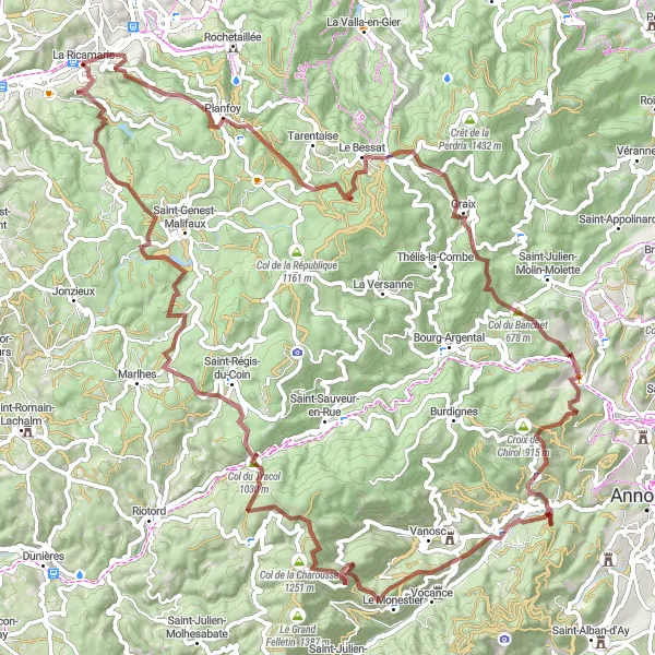 Miniaturní mapa "Gravelová výzva okolo Le Bessat" inspirace pro cyklisty v oblasti Rhône-Alpes, France. Vytvořeno pomocí plánovače tras Tarmacs.app