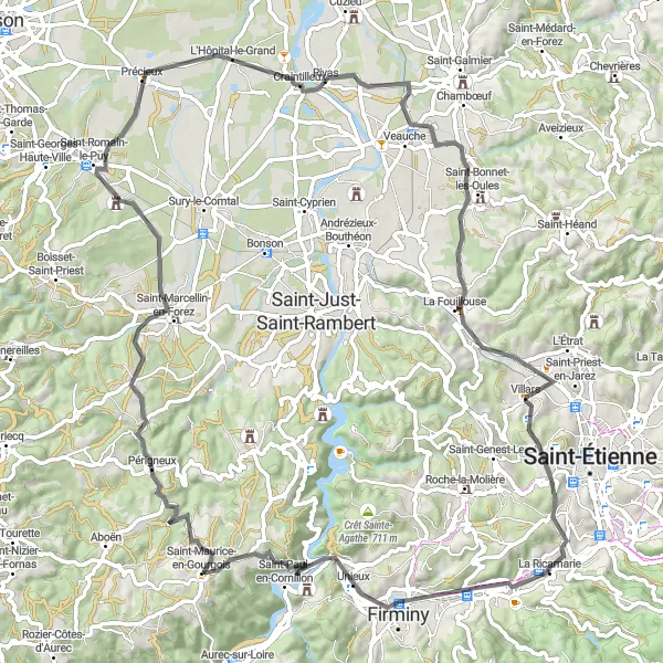 Mapa miniatúra "Náročná cyklotrasa cez Saint-Paul-en-Cornillon" cyklistická inšpirácia v Rhône-Alpes, France. Vygenerované cyklistickým plánovačom trás Tarmacs.app