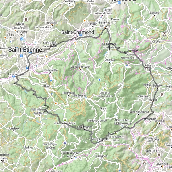 Mapa miniatúra "Cyklistická trasa pre cestné bicykle od La Ricamarie" cyklistická inšpirácia v Rhône-Alpes, France. Vygenerované cyklistickým plánovačom trás Tarmacs.app