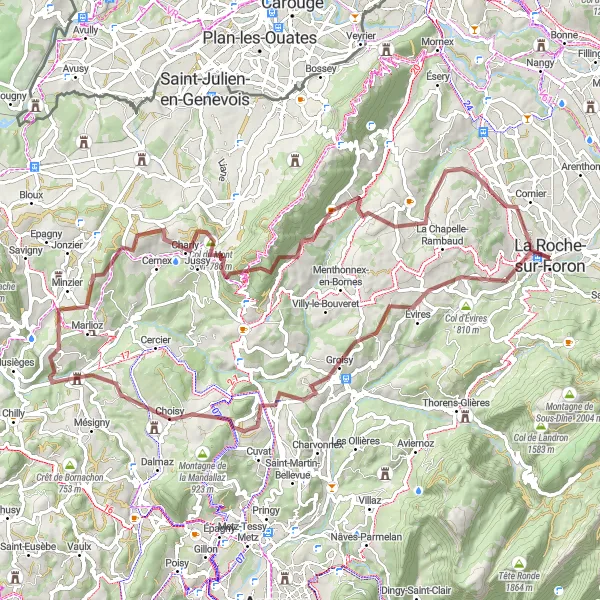 Kartminiatyr av "Grussti gjennom landskapet nær La Roche-sur-Foron" sykkelinspirasjon i Rhône-Alpes, France. Generert av Tarmacs.app sykkelrutoplanlegger