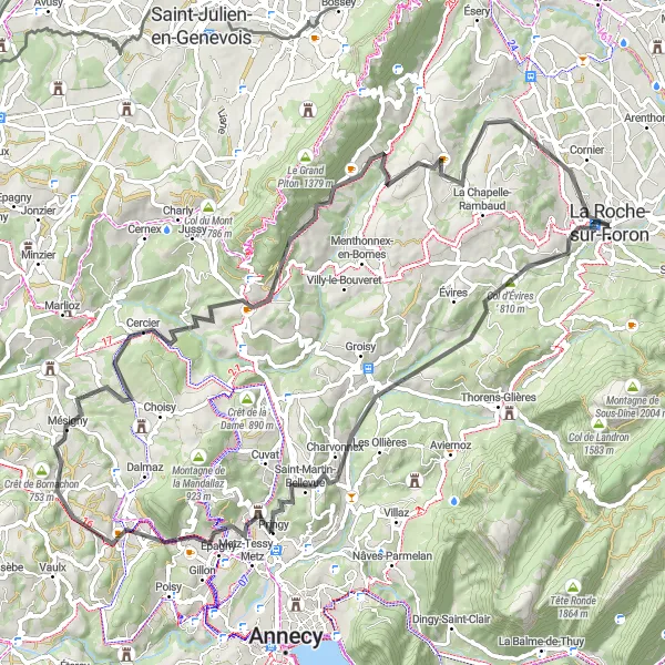 Map miniature of "La Roche-sur-Foron to Arbusigny Loop" cycling inspiration in Rhône-Alpes, France. Generated by Tarmacs.app cycling route planner