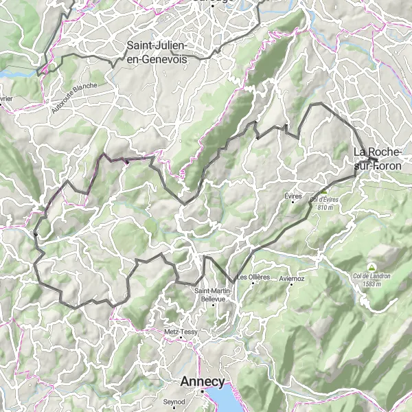 Mapa miniatúra "Z La Roche-sur-Foron cez Col d’Évires na 102 km" cyklistická inšpirácia v Rhône-Alpes, France. Vygenerované cyklistickým plánovačom trás Tarmacs.app