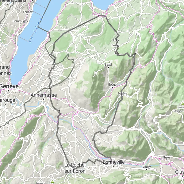 Miniatua del mapa de inspiración ciclista "Viaje a Bonneville y más allá" en Rhône-Alpes, France. Generado por Tarmacs.app planificador de rutas ciclistas