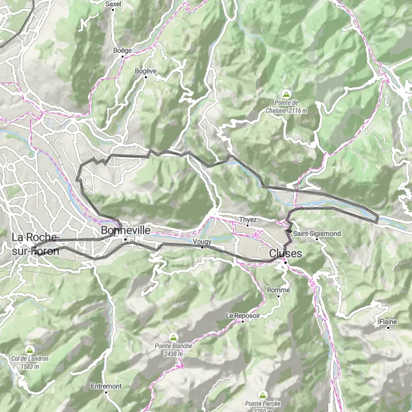 Mapa miniatúra "Cyklistická trasa okolo La Roche-sur-Foron" cyklistická inšpirácia v Rhône-Alpes, France. Vygenerované cyklistickým plánovačom trás Tarmacs.app