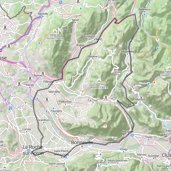 Miniatua del mapa de inspiración ciclista "Ascenso al Col de Jambaz desde La Roche-sur-Foron" en Rhône-Alpes, France. Generado por Tarmacs.app planificador de rutas ciclistas