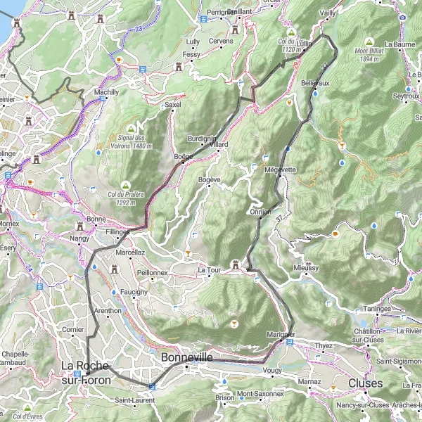 Kartminiatyr av "Les Épingler d'Aravis Loop" sykkelinspirasjon i Rhône-Alpes, France. Generert av Tarmacs.app sykkelrutoplanlegger