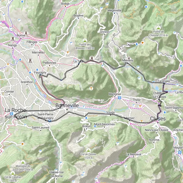 Mapa miniatúra "Cyklotrasa cez Saint-Jean-de-Tholome a Châtillon-sur-Cluses" cyklistická inšpirácia v Rhône-Alpes, France. Vygenerované cyklistickým plánovačom trás Tarmacs.app