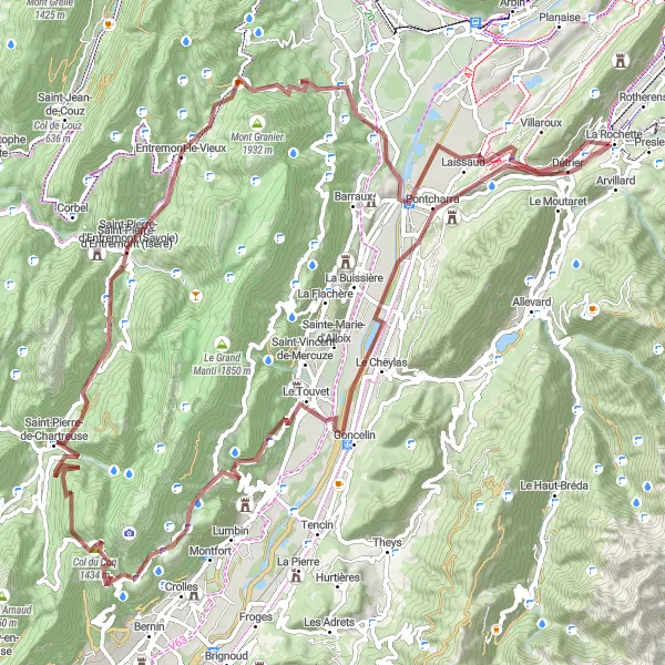 Miniatua del mapa de inspiración ciclista "Recorrido de grava cerca de La Rochette" en Rhône-Alpes, France. Generado por Tarmacs.app planificador de rutas ciclistas