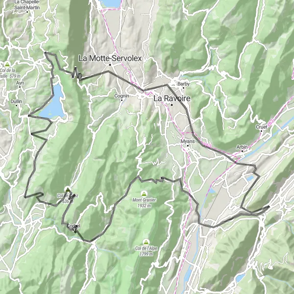 Miniatua del mapa de inspiración ciclista "Viaje de ida y vuelta por carretera desde La Rochette" en Rhône-Alpes, France. Generado por Tarmacs.app planificador de rutas ciclistas
