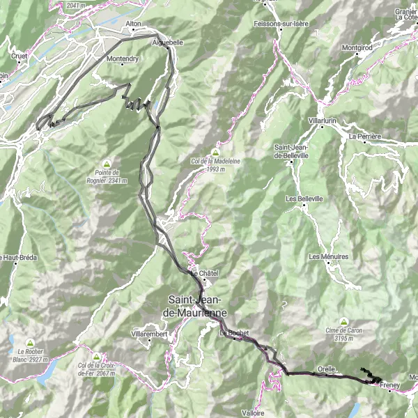 Map miniature of "The Maurienne Valley: Alpine Challenge" cycling inspiration in Rhône-Alpes, France. Generated by Tarmacs.app cycling route planner
