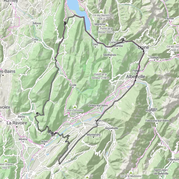 Map miniature of "Scenic Alpines" cycling inspiration in Rhône-Alpes, France. Generated by Tarmacs.app cycling route planner