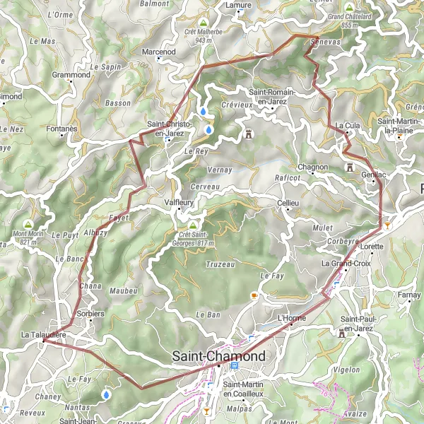 Miniatura della mappa di ispirazione al ciclismo "Esplorazione in Gravell tra Saint-Christo-en-Jarez e La Grand-Croix" nella regione di Rhône-Alpes, France. Generata da Tarmacs.app, pianificatore di rotte ciclistiche