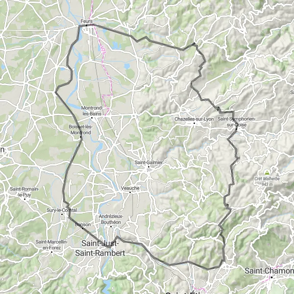 Kartminiatyr av "Kulligt äventyr runt La Talaudière" cykelinspiration i Rhône-Alpes, France. Genererad av Tarmacs.app cykelruttplanerare