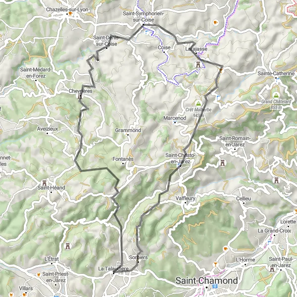 Zemljevid v pomanjšavi "La Talaudière - Sorbiers - Saint-Christo-en-Jarez Route" kolesarske inspiracije v Rhône-Alpes, France. Generirano z načrtovalcem kolesarskih poti Tarmacs.app