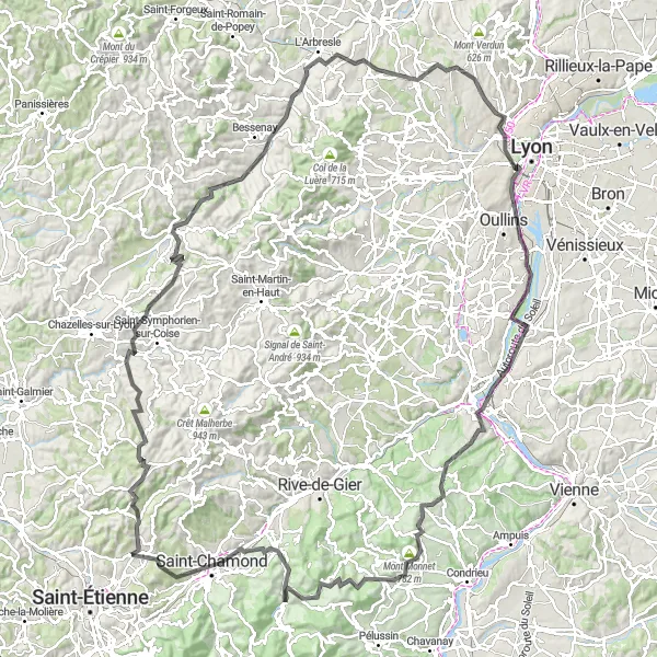 Mapa miniatúra "Výlet cez Mont Morin a Givors" cyklistická inšpirácia v Rhône-Alpes, France. Vygenerované cyklistickým plánovačom trás Tarmacs.app