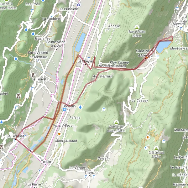 Miniatuurkaart van de fietsinspiratie "Gravelroute door pittoreske dorpjes" in Rhône-Alpes, France. Gemaakt door de Tarmacs.app fietsrouteplanner