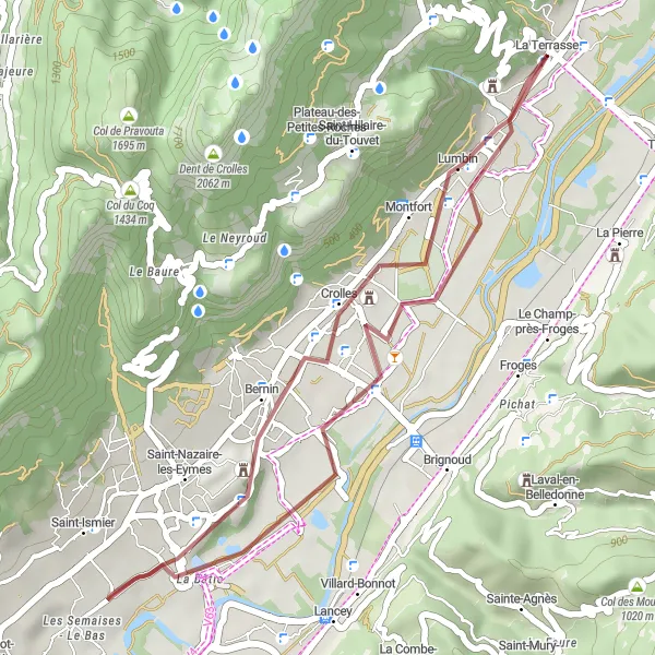 Miniatuurkaart van de fietsinspiratie "Gravel Route rond La Terrasse" in Rhône-Alpes, France. Gemaakt door de Tarmacs.app fietsrouteplanner