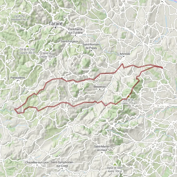 Miniatua del mapa de inspiración ciclista "Ruta de grava hacia Montrottier" en Rhône-Alpes, France. Generado por Tarmacs.app planificador de rutas ciclistas