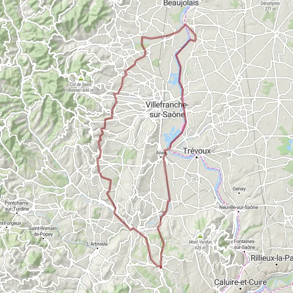 Kartminiatyr av "Graveläventyr runt Les Carrières" cykelinspiration i Rhône-Alpes, France. Genererad av Tarmacs.app cykelruttplanerare