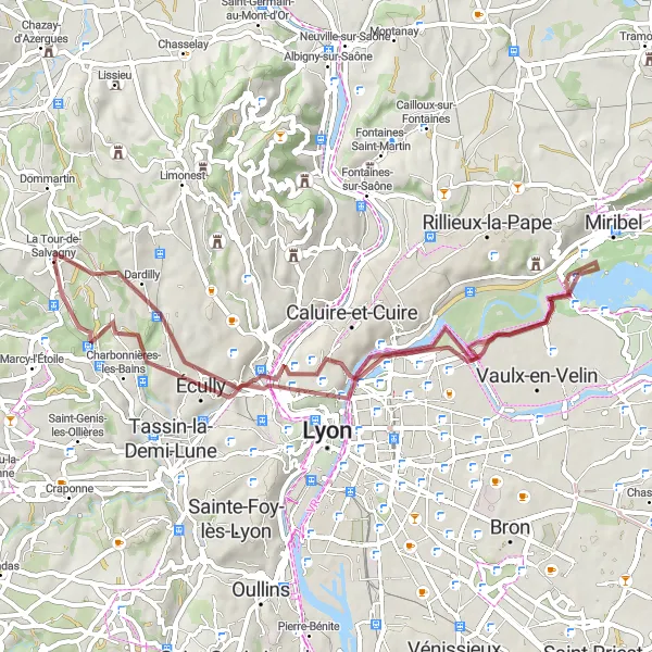 Map miniature of "Dardilly Gravel Loop" cycling inspiration in Rhône-Alpes, France. Generated by Tarmacs.app cycling route planner