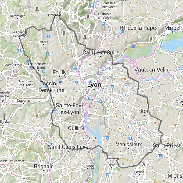Zemljevid v pomanjšavi "Road cycling tour through Lyon suburbs" kolesarske inspiracije v Rhône-Alpes, France. Generirano z načrtovalcem kolesarskih poti Tarmacs.app